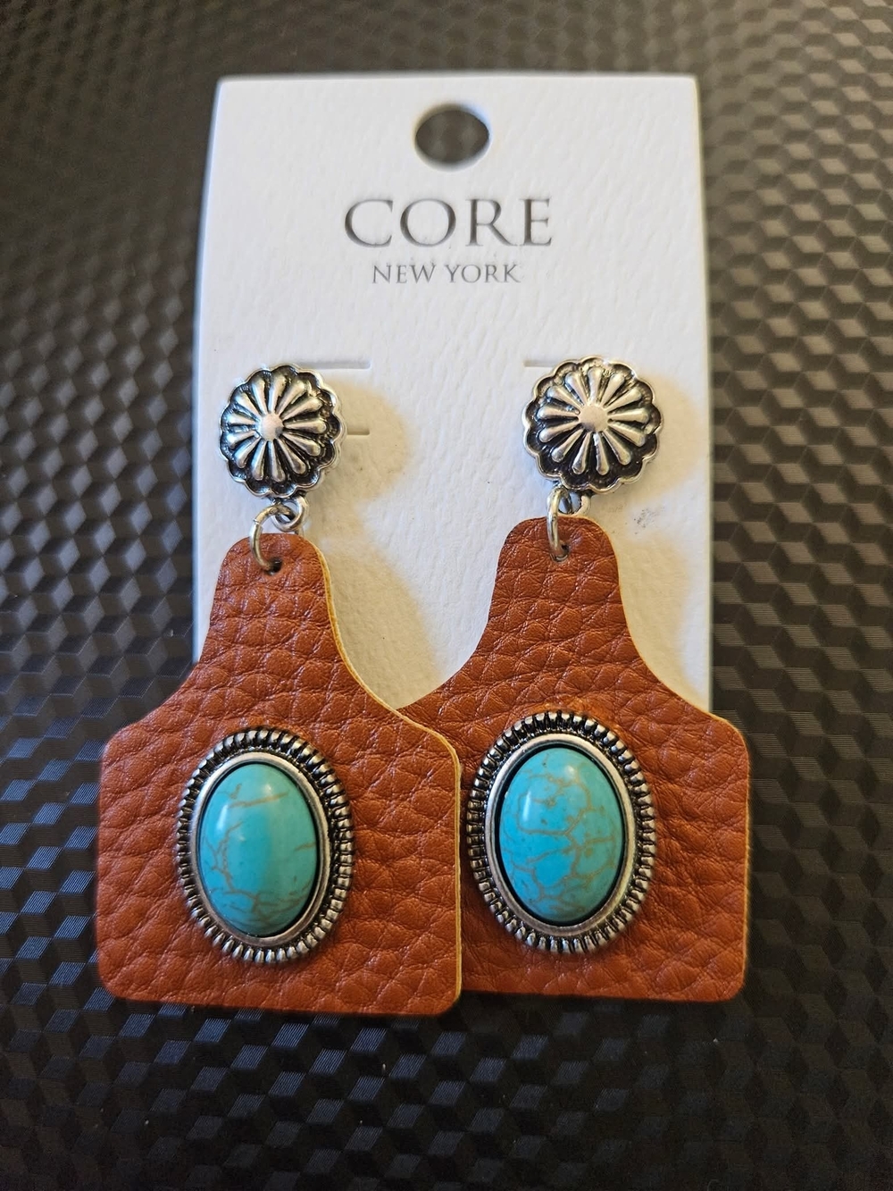 CORE New York Brown Leather Turquoise Drop Earrings